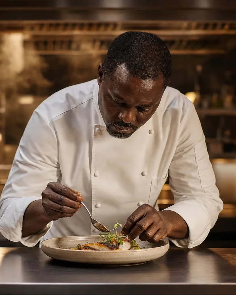 Le chef Ousmane Dieng en cuisine, concentré sur un dressage