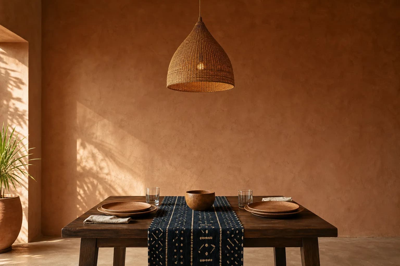 La grande salle du restaurant, murs en terre cuite et textiles bogolan